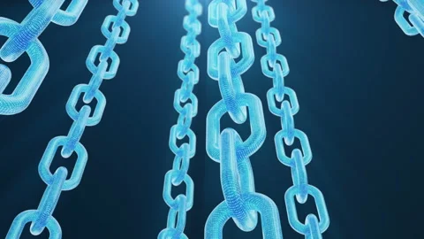 3D illustration digital blockchain code. Chain links network. Blue background 動画素材 106408958