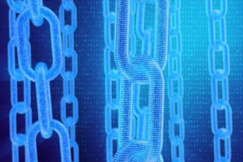 3D illustration digital blockchain code. Chain links network. Binary code on the 库存插图