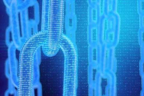 3D illustration digital blockchain code. Chain links network. Binary code on the 스톡 일러스트