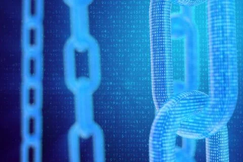 3D illustration digital blockchain code. Chain links network. Binary code on the 스톡 일러스트