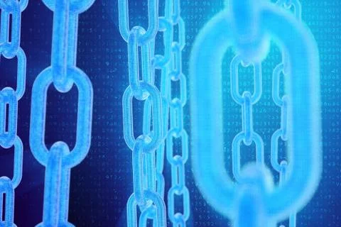 3D illustration digital blockchain code. Chain links network. Binary code on the 库存插图