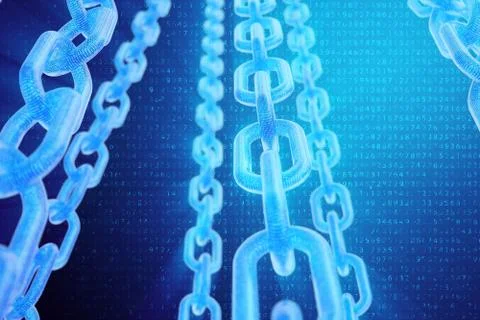 3D illustration digital blockchain code. Chain links network. Binary code on the Illustrazione stock