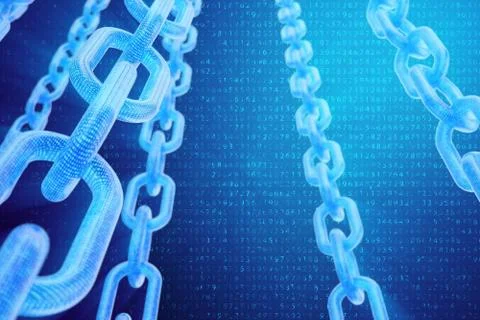 3D illustration digital blockchain code. Chain links network. Binary code on the 스톡 일러스트