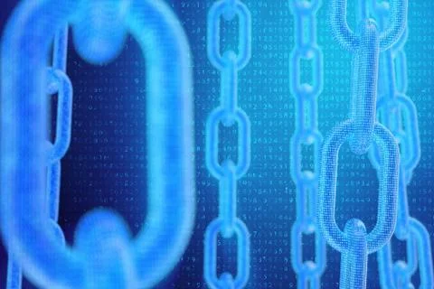 3D illustration digital blockchain code. Chain links network. Binary code on the イラスト素材