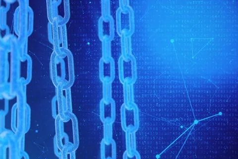 3D illustration digital blockchain code. Chain links network. Binary code on the Illustrazione stock