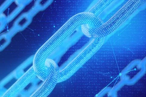 3D illustration digital blockchain code. Chain links network. Binary code on the Illustrazione stock