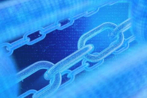 3D illustration digital blockchain code. Chain links network. Binary code on the 스톡 일러스트