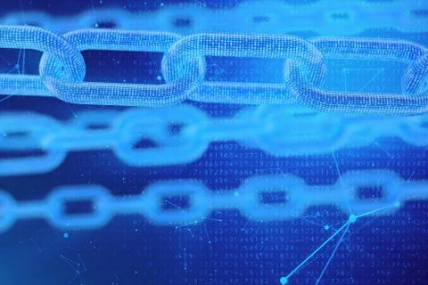 3D illustration digital blockchain code. Chain links network. Binary code on the 스톡 일러스트