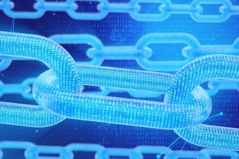 3D illustration digital blockchain code. Chain links network. Binary code on the 스톡 일러스트