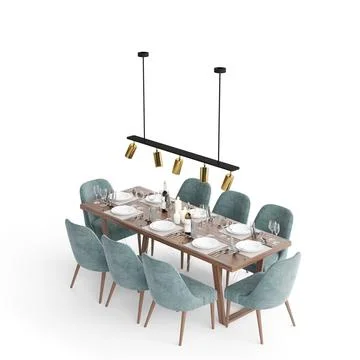 3D illustration of a dining table set with tableware Stock Photos