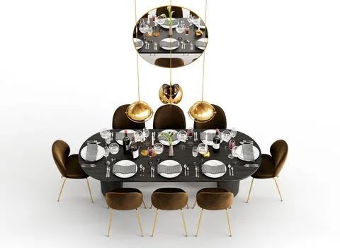 3D illustration of a dining table set with tableware Stock Photos
