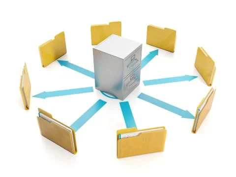 3d illustration, document storage. storage boxes and folders to group round Stock Illustration
