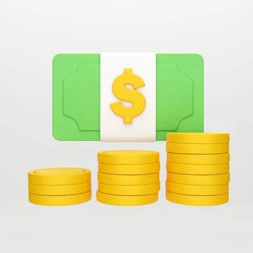 3D illustration of a dollar with stack of coins Stock Illustration