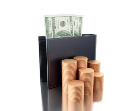 3d illustration. Dollars in wallet with stacks of coins イラスト素材