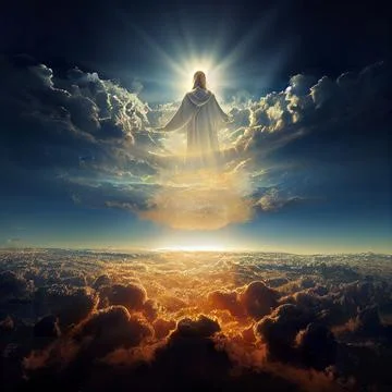 3D Illustration of a dramatic scene of Jesus Christ walking over the clouds abov Stock Illustration