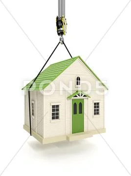 3d illustration: drive home. the hook of a crane lifts the house. change of r Stock Illustration