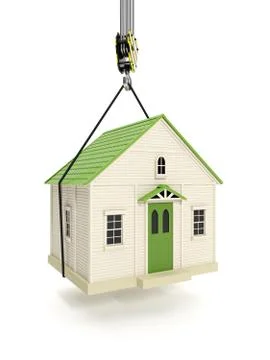 3d illustration: drive home. the hook of a crane lifts the house. change of r Stock Illustration