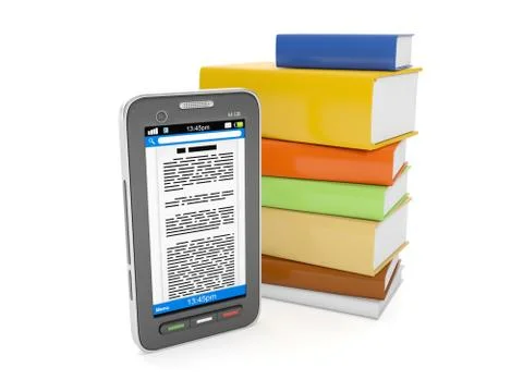 3d illustration: e-books. mobile phone and a group of books Stock Illustration