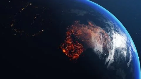 3D illustration of Earth globe with map of australia all burnt and on fire Illustrazione stock