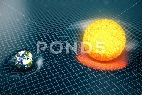 3D illustration Earth's and Sun gravity bends space around it. With bokeh effect Stock Illustration