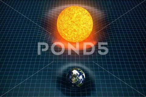 3D illustration Earth's and Sun gravity bends space around it. With bokeh effect Stock Illustration