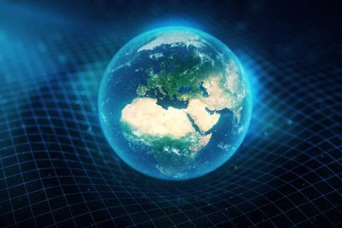3D illustration Earth's gravity bends space around it. With bokeh effect イラスト素材