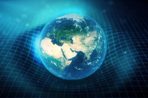 3D illustration Earth's gravity bends space around it. With bokeh effect Illustrazione stock