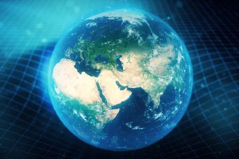3D illustration Earth's gravity bends space around it. With bokeh effect Stock Illustration
