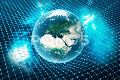 3D illustration Earth's gravity bends space around it. With bokeh effect Stock Illustration
