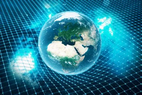 3D illustration Earth's gravity bends space around it. With bokeh effect Illustrazione stock