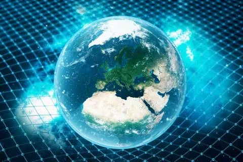 3D illustration Earth's gravity bends space around it. With bokeh effect Stock Illustration