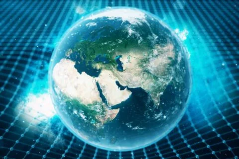 3D illustration Earth's gravity bends space around it. With bokeh effect Stock Illustration