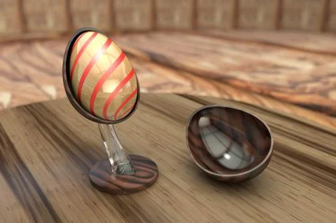 3D illustration with an Easter egg on a stand on a wooden table Stock Illustration