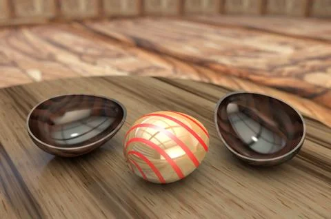 3D illustration with an Easter egg from a wooden shell on the table Stock Illustration