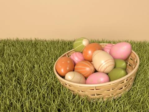 3D Illustration. Easter eggs in a basket. Stock Photos