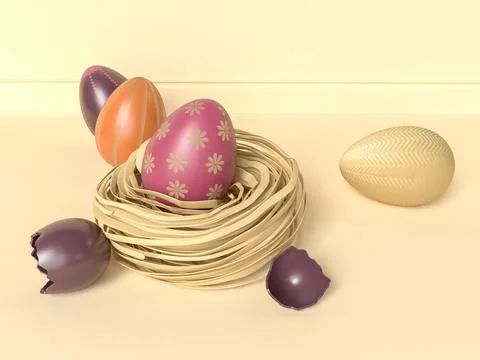 3D Illustration. Easter eggs in a basket. Stock Photos