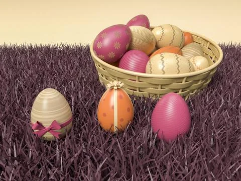 3D Illustration. Easter eggs in a basket. Stock Photos