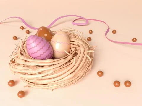 3D Illustration. Easter eggs in a basket. Stock Photos