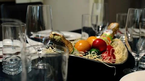 3d illustration - Easter Festive Table With Bunny And Eggs Decoration Stock Photos