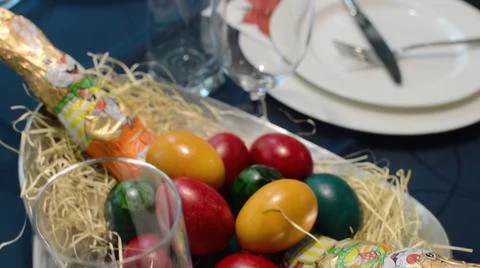 3d illustration - Easter Festive Table With Bunny And Eggs Decoration Stock Photos