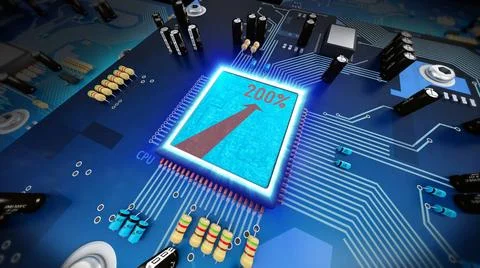 3D-Illustration eines übertakteten Computerprozessors auf einer Platine 3d.. Stock Photos