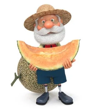 3D illustration the elderly farmer costs with a melon Stock Illustration