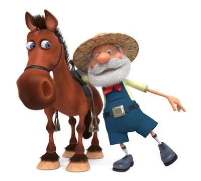 3d illustration an elderly farmer riding a horse Stock Illustration