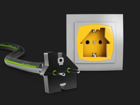 3d Illustration of Electric socket and plug in the form of house. isolated bl Stock Illustration