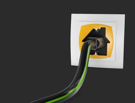 3d Illustration of Electric white socket and black plug in the form of house. Stock Illustration