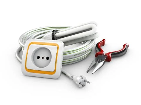 3d illustration of Electrical cable, Socket and pliers. Electric components a Stock Illustration