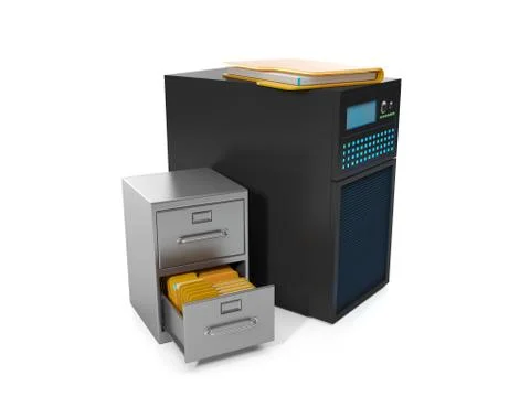 3d illustration: electronic technology. server station and a box of documents Stock Illustration