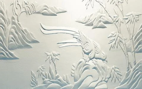 3d illustration, embossed, abstract bird, palm trees and hills Illustrazione stock