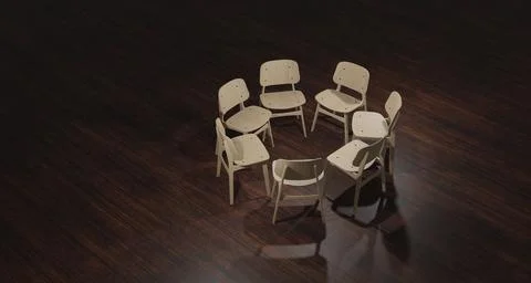 3d illustration Empty chair prepared for group therapy in the psychologist'.. Stock Illustration