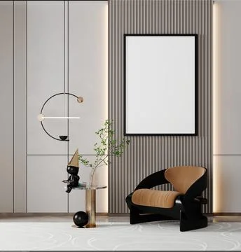 3d illustration of empty frame wall white interior Stock Illustration